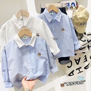 儿童长袖衬衫秋季男童纯棉牛津纺薄外套中大童春秋装刺绣卡通衬衣