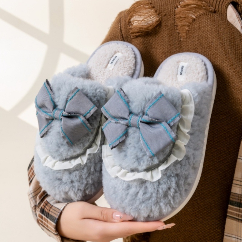 蝴蝶结棉拖鞋女款秋冬季仙女情侣