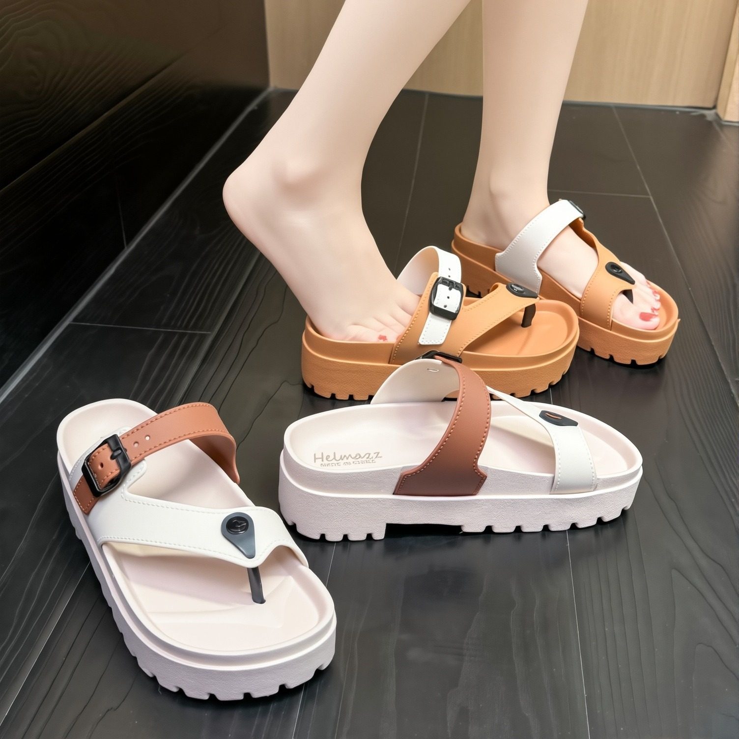 人字凉拖鞋女夏厚底带扣夹脚休闲