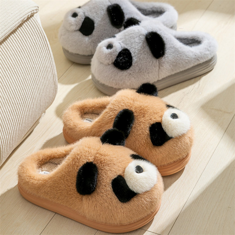 厚底保暖外穿毛毛拖女士休闲客厅可爱熊猫棉拖鞋情侣冬季室内居家