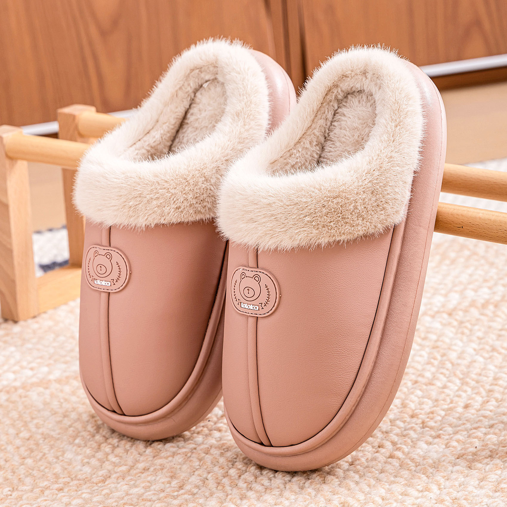 加厚底家居毛绒毛鞋女防水棉拖鞋