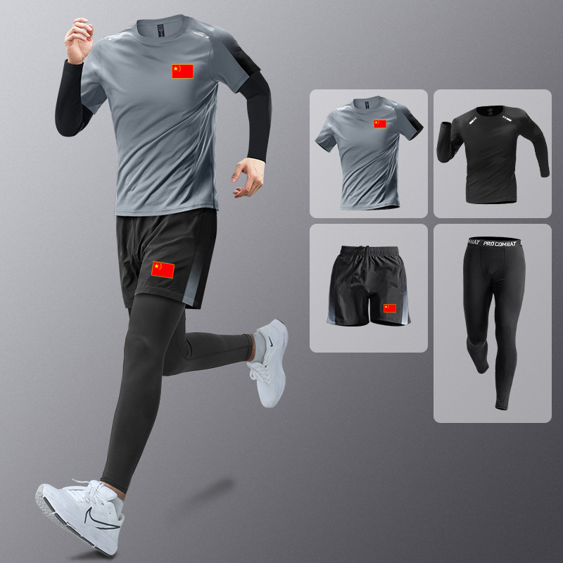 国家队跑步运动套装男女夏季速干t恤训练服紧身衣裤健身服四件套