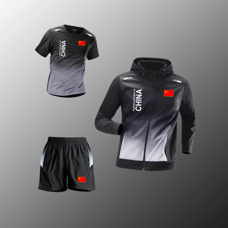 国家队跑步运动套装男女夏季速干t恤中国健身馆瑜伽训练服三件套
