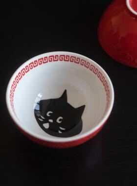 半村 日本原单 惊讶猫系列 陶瓷碗 釉下彩浮雕红色米饭碗