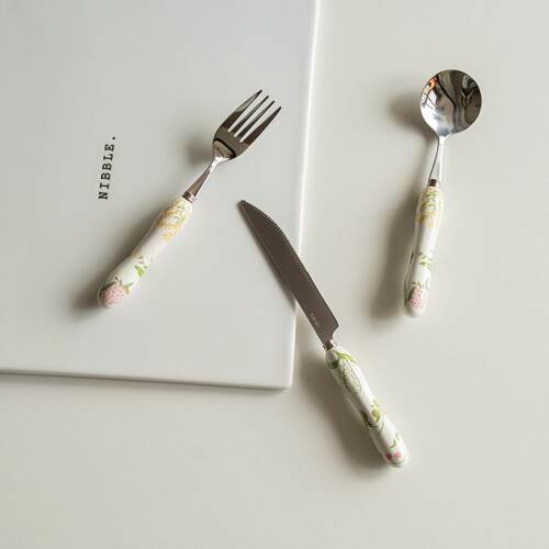 半村 春意盎然 陶瓷手柄 304不锈钢餐具 家用刀叉勺 家用甜品餐叉