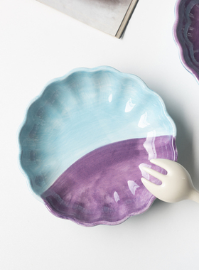 半村 紫茄与薄荷绿拼色陶瓷深盘 日式手绘早餐盘沙拉盘brunch盘