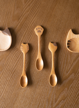 半村 日式猫咪搅拌木勺子 宝宝食品级 儿童甜品家用小汤勺 调味碟