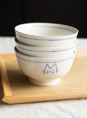 半村 日式猫咪陶瓷米饭碗 复古饭碗 深盘 炒菜盘 高温釉下彩 菜盘