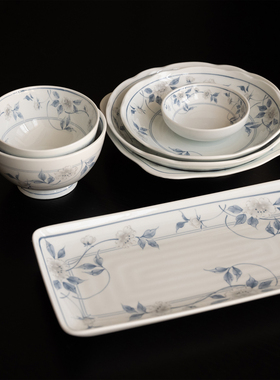 半村 新中式陶瓷青花系列餐具 家用复古米饭碗盘四方盘长盘 菜盘