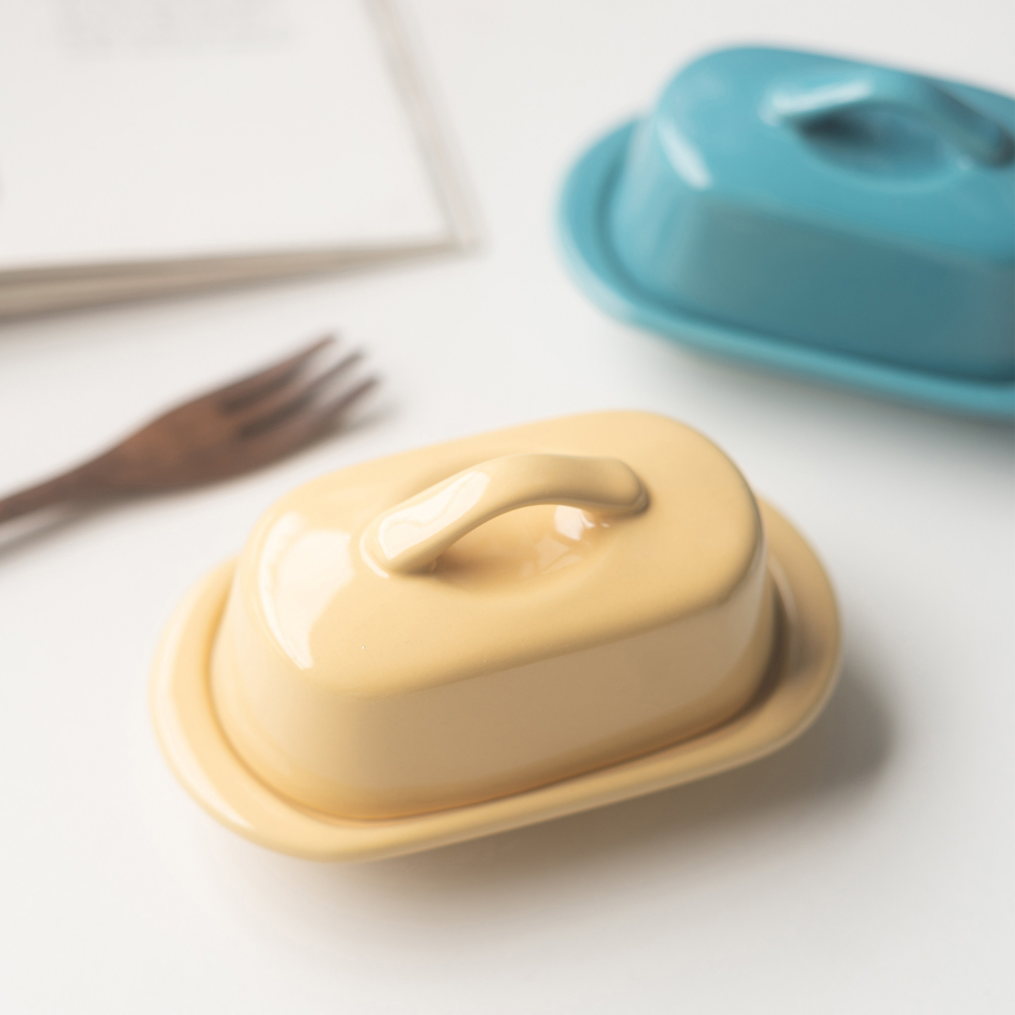 半村 出口黄油盒子 陶瓷带盖芝士碟奶酪保鲜盒储存盒 家用牛油盒