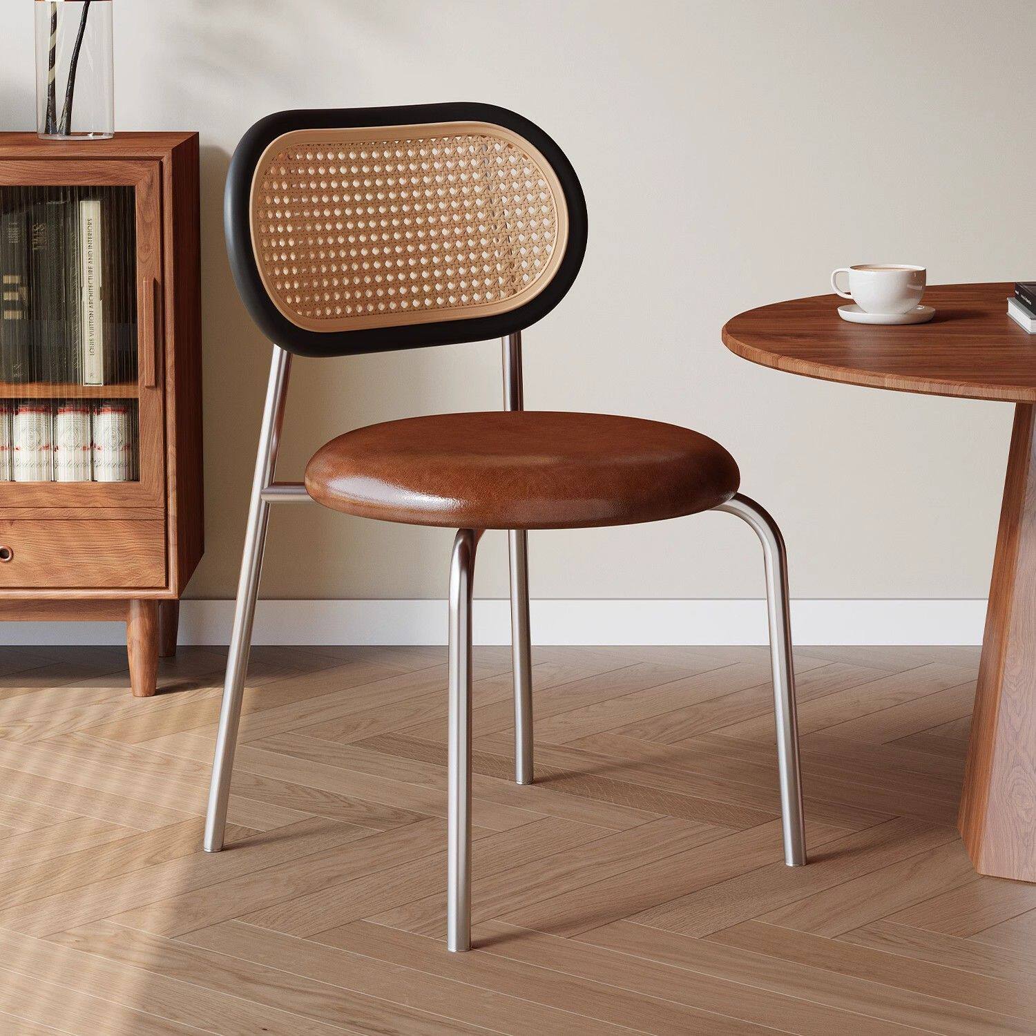 中古藤编椅子网红复古实木家用餐椅书房靠背凳子北欧铁艺餐厅桌椅