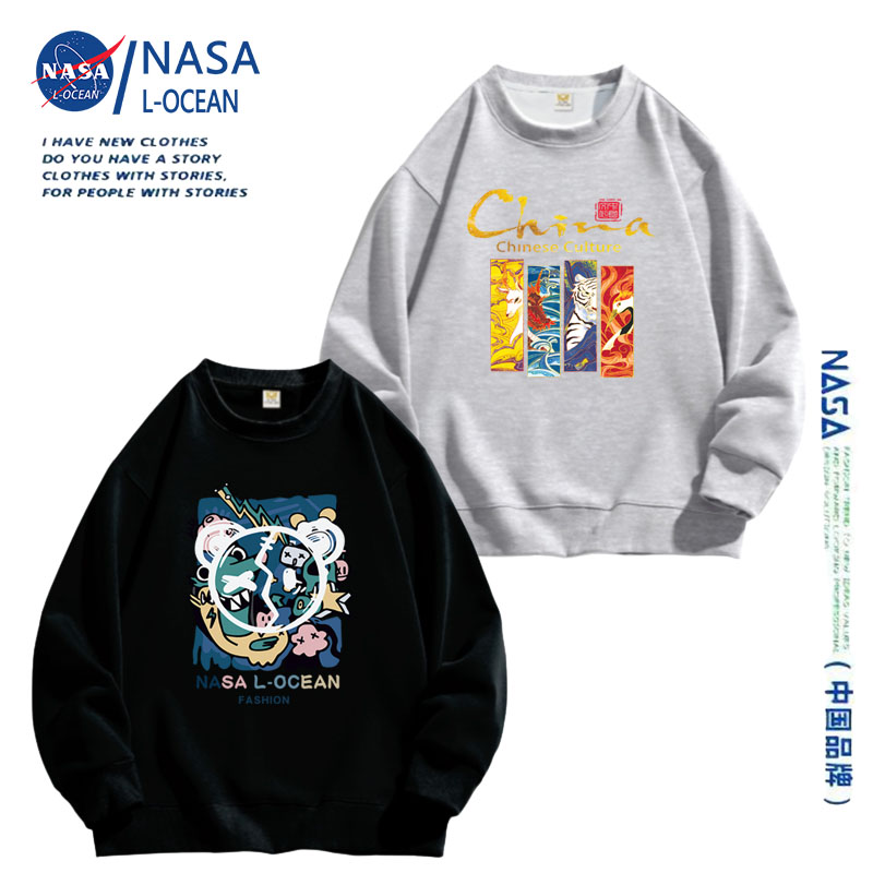 NASA休闲卫衣男女情侣春秋季新款黑色重磅圆领套头长袖运动上衣服