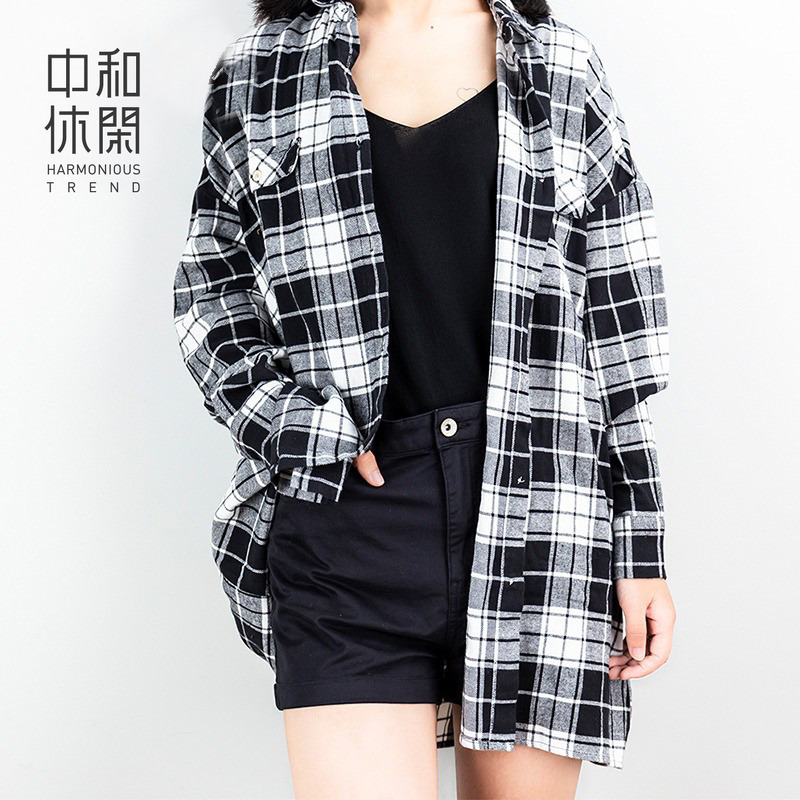 中和休闲复古格子衬衫外套女