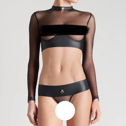 MaisonClose黑色哑光皮革网纱拼接丁字裤 T-Back