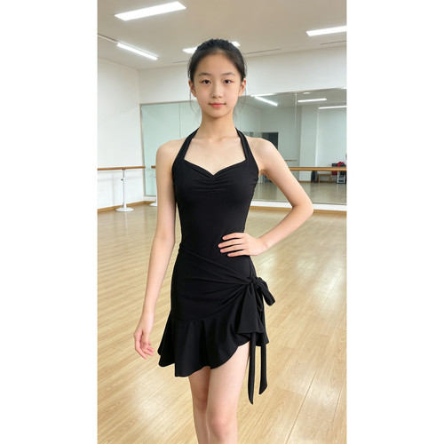 拉丁舞服女童练习服挂脖绑带裙