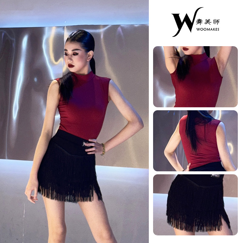 WMS拉丁舞服女成人显瘦黑色流苏