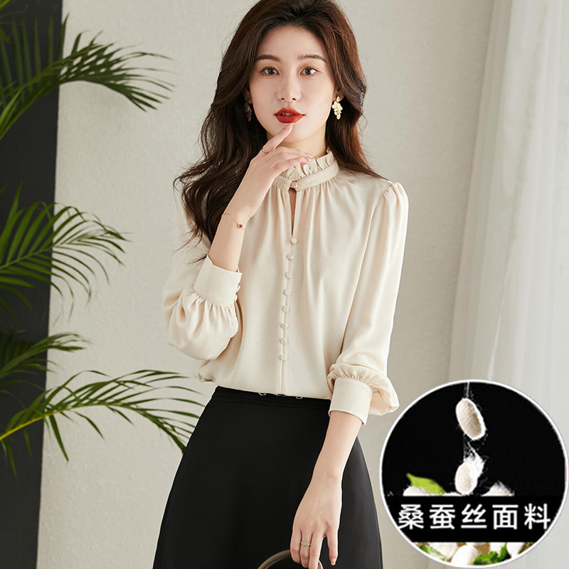 2023年春季新款女上衣高级感杭州大牌真丝长袖衬衫女独特别致小衫