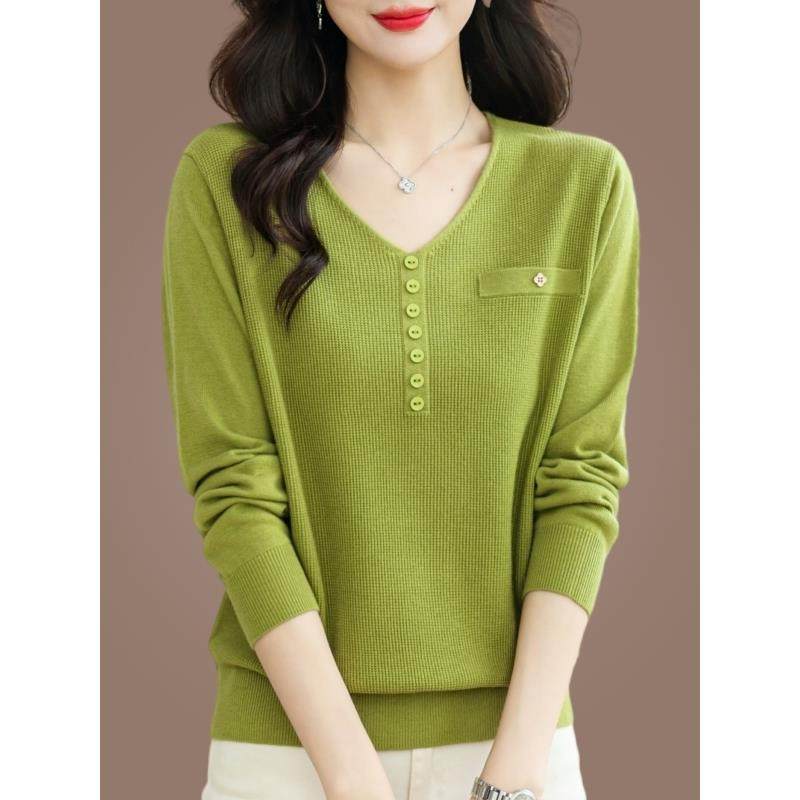 桑蚕丝t恤女长袖春秋妈妈装遮肚子上衣v领大码洋气薄款针织打底衫