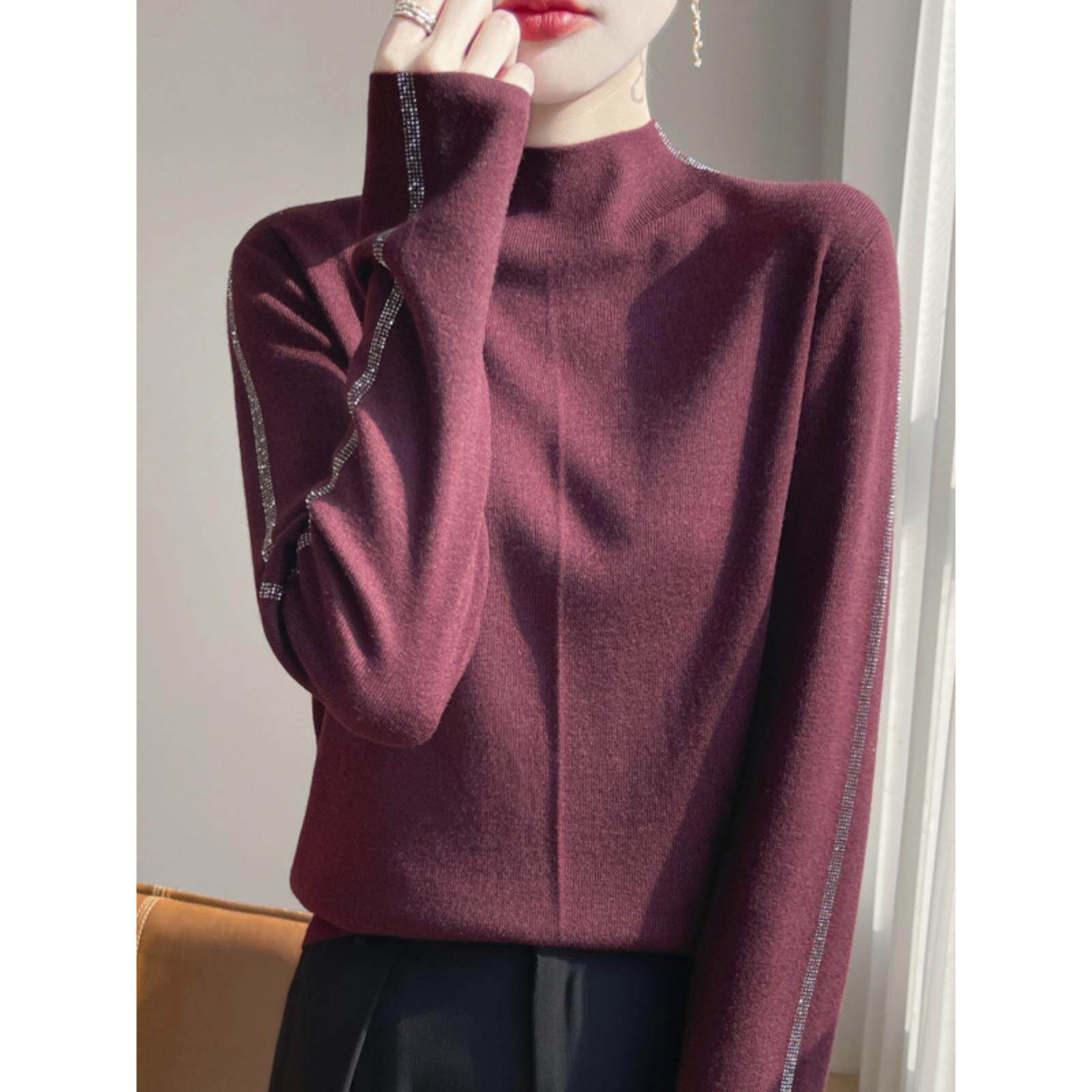 高级感毛衣女2024秋冬装新款洋气烫钻针织打底衫半高领内搭羊毛衫