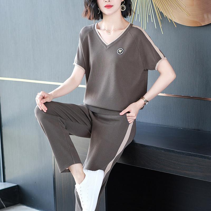 洋派减龄春夏季短袖T恤运动服套装女休闲 时尚中老年妈妈装两件套