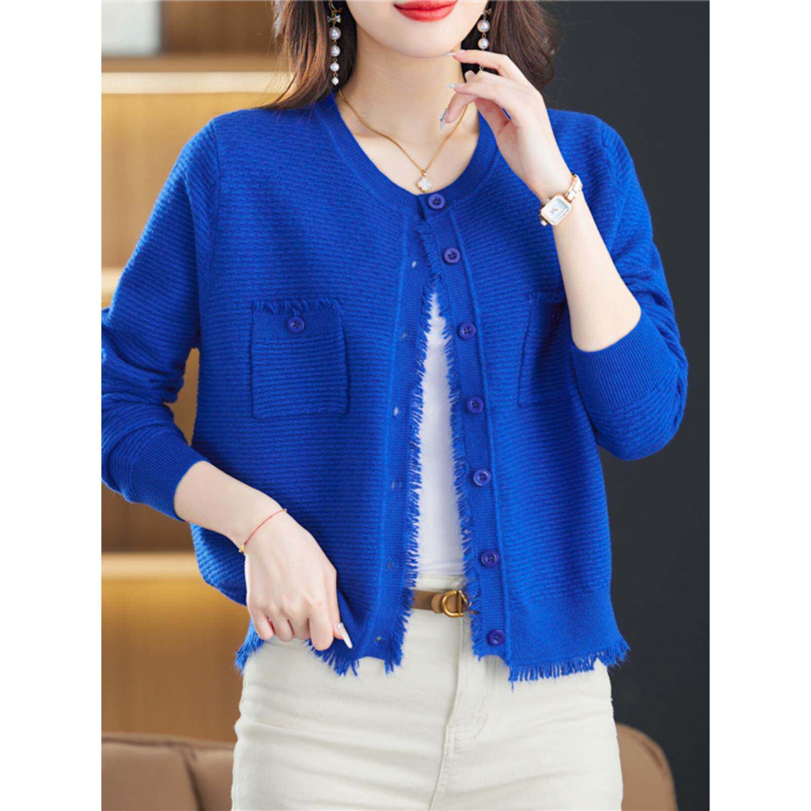 宝蓝色流苏外搭开衫针织外套女新款春秋薄款毛衣配裙子短款小披肩