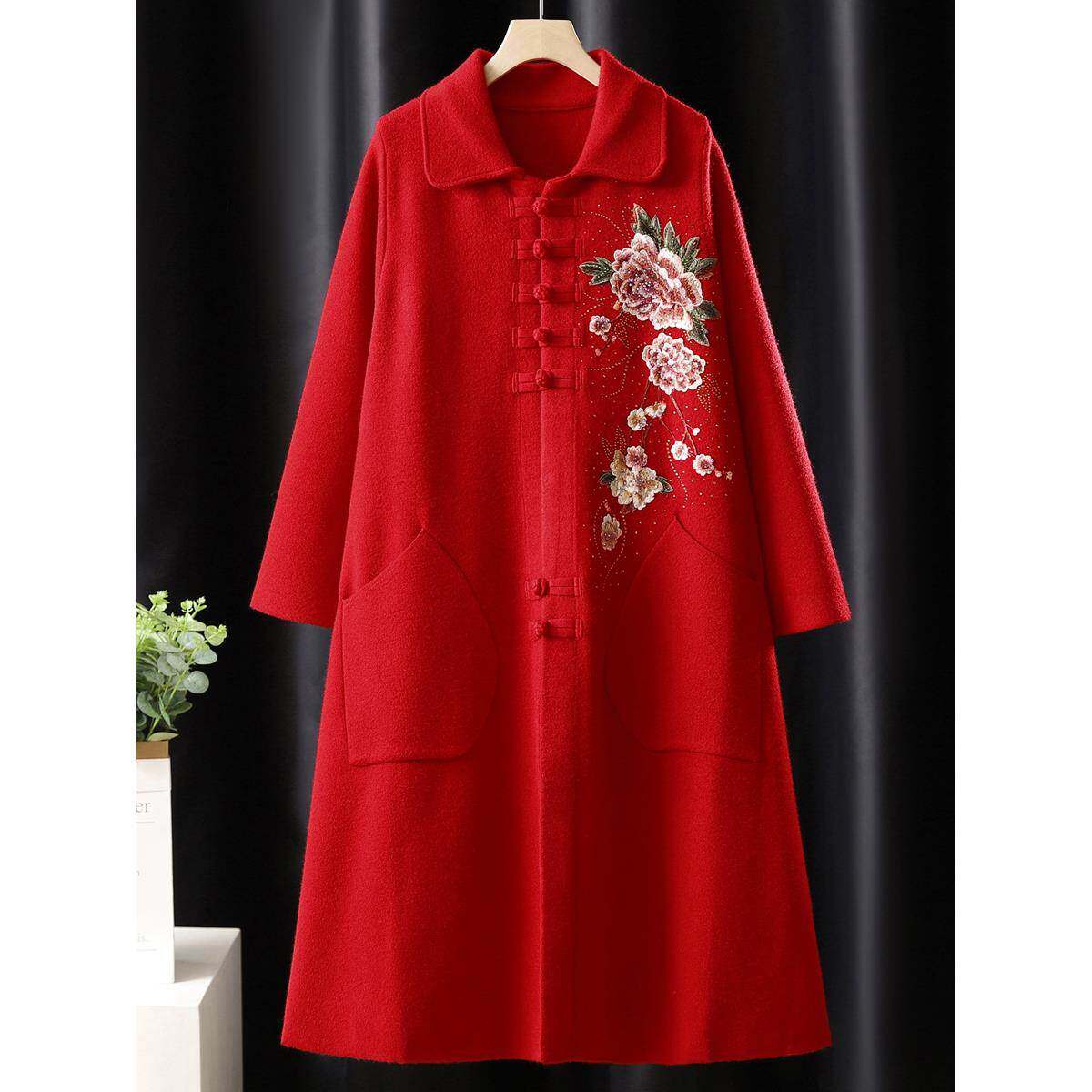 喜婆婆婚宴秋冬装绣花长款羊绒外套妈妈气质加肥加大码羊毛大衣女