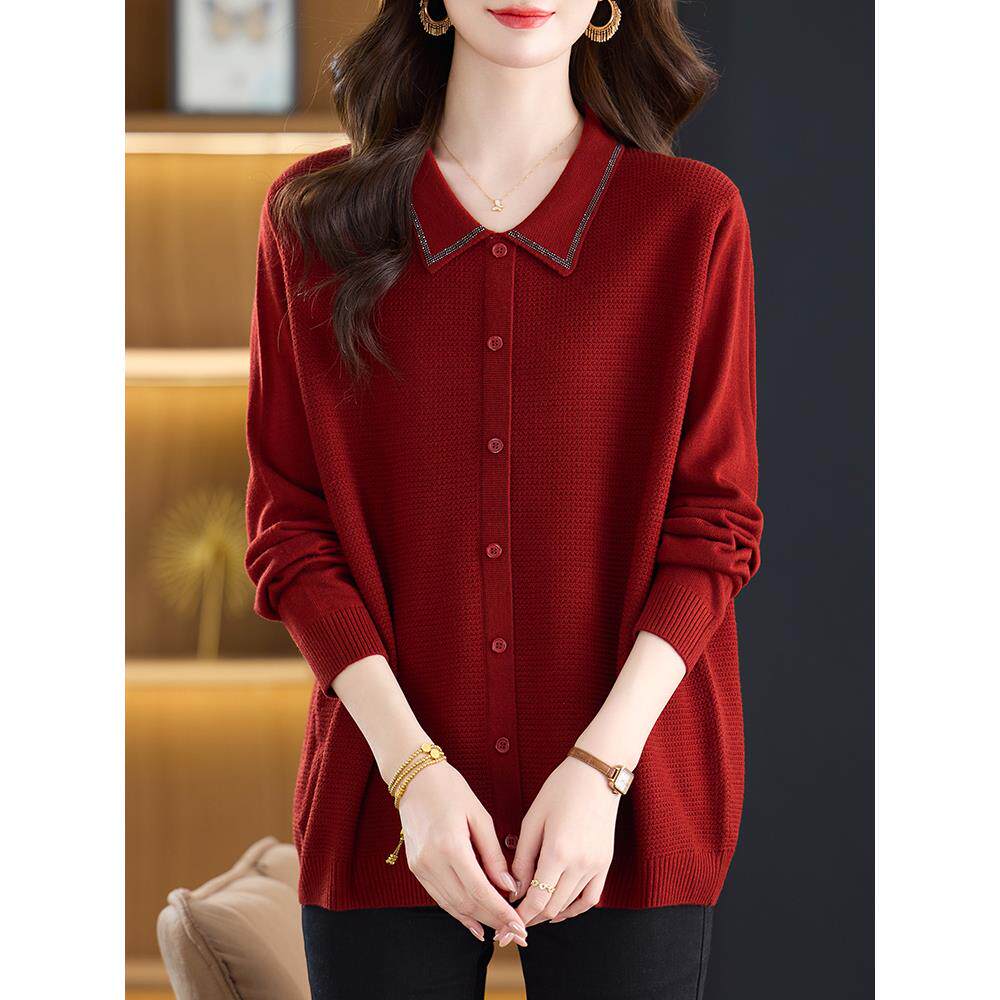 胖妈妈春秋新款翻领针织衫女加肥加大码遮肚显瘦上衣宽松休闲毛衣