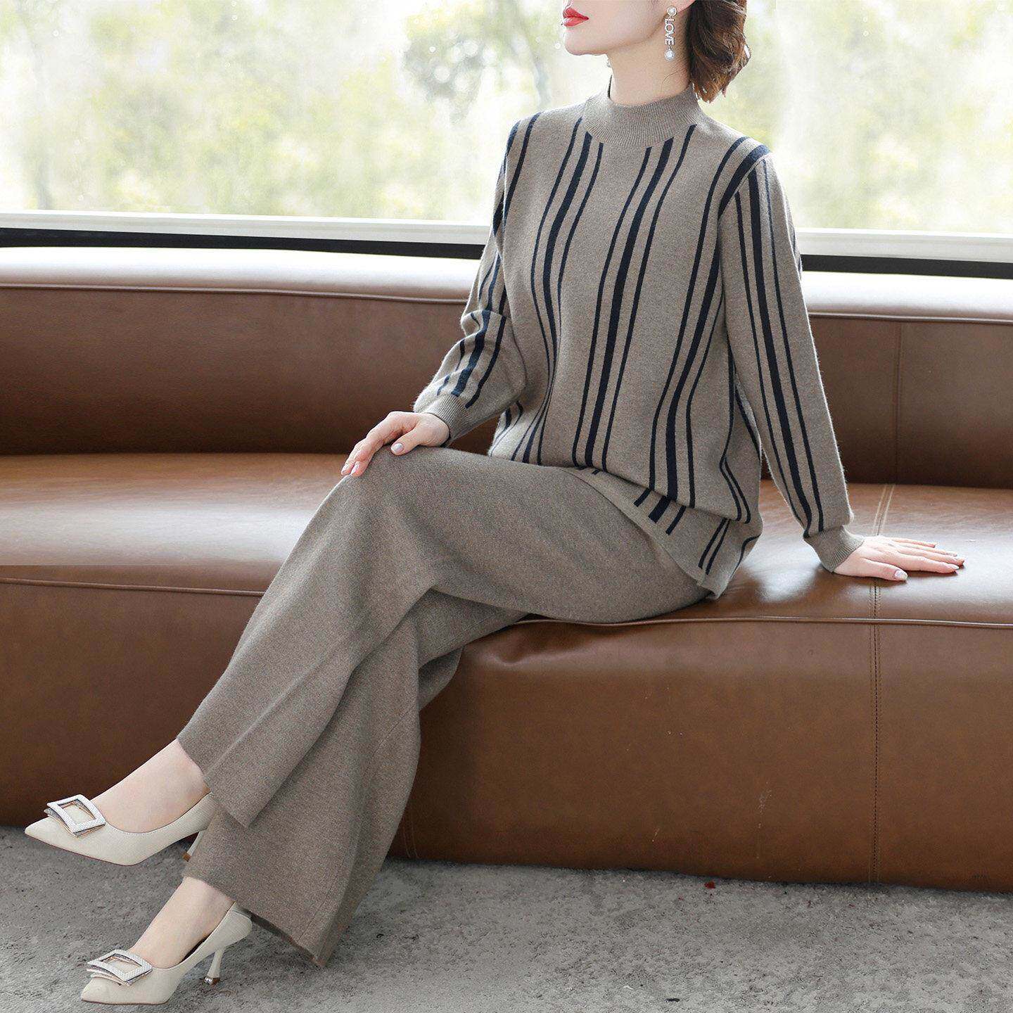 高端休闲时尚套装女秋冬季2025新款针织毛衣中年妈妈装两件套加厚