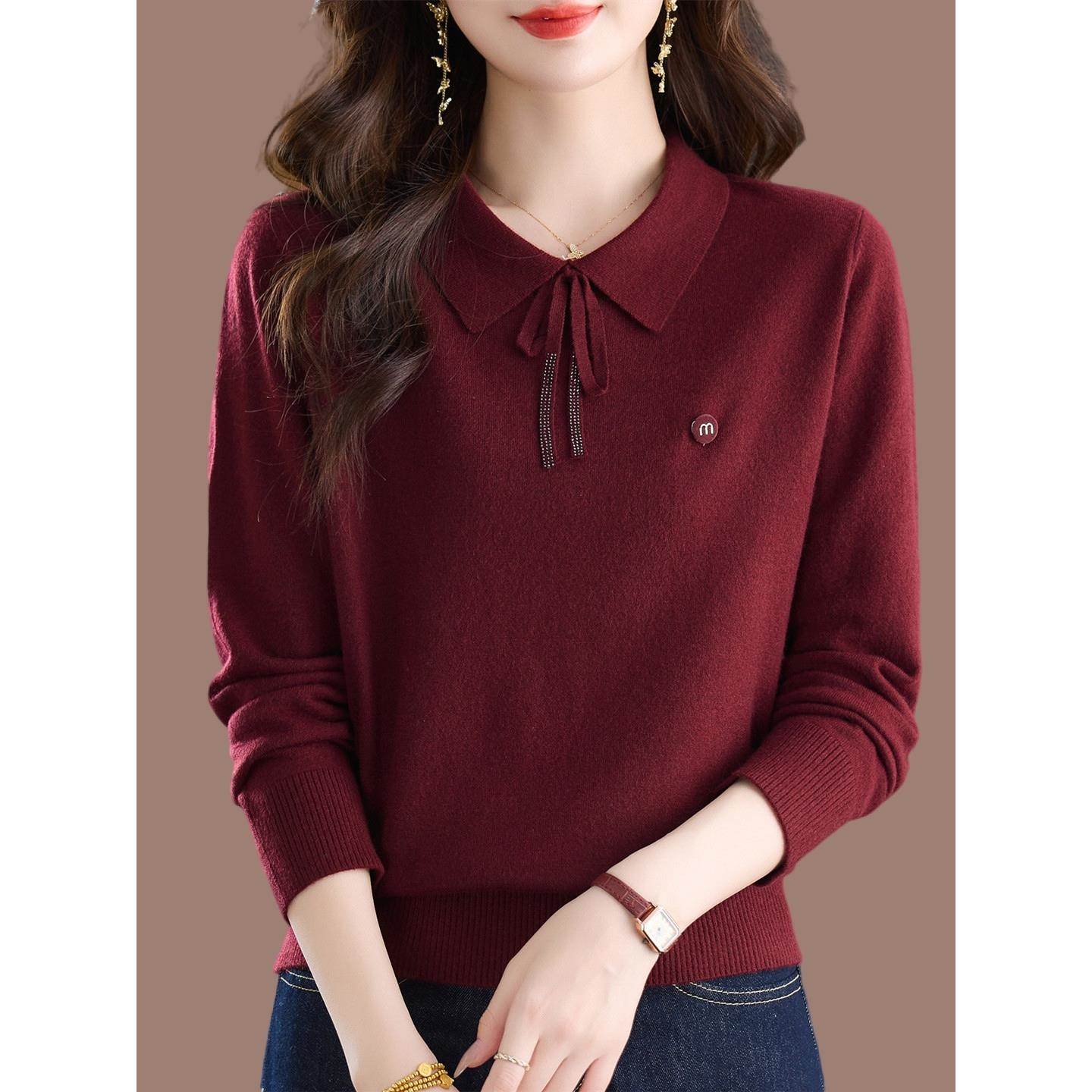 高档桑蚕丝翻领针织打底衫女春秋上衣2025新款洋气质妈妈长袖T恤