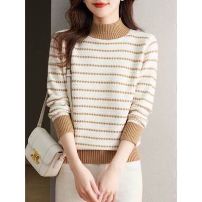 半高领条纹毛衣女士秋冬打底衫2025新款爆款时尚洋气内搭短款上衣