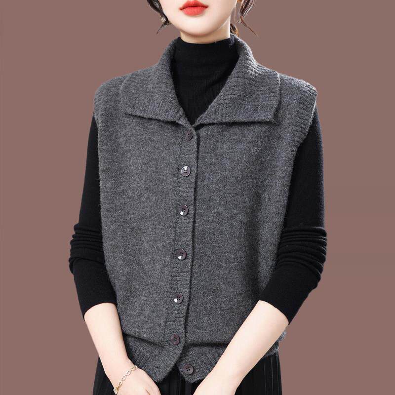 羊毛针织马甲女开衫2026新春款今年流行翻领背心短款无袖毛衣外套