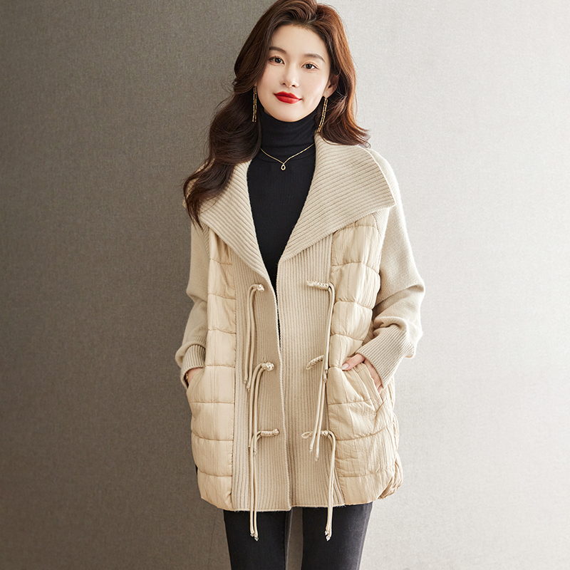 羊毛拼接夹棉外套女2023新款秋冬休闲棉衣棉服翻领假两件针织开衫