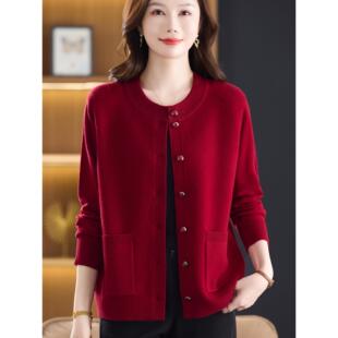 圆领妈妈毛衣外套 秋冬新款 美丽诺精纺100%纯羊毛衫 女羊绒针织开衫