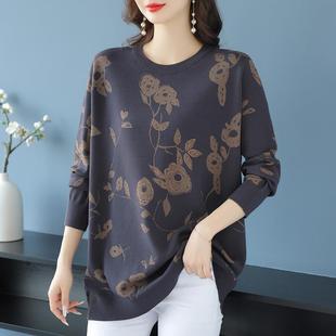遮肚洋气印花羊毛打底衫 中年妈妈春秋中长款 宽松毛衣女加肥加大码