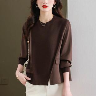 减龄漂亮洋气打底小衫 中年妈妈桑蚕丝t恤女拼接针织衫 上衣春秋装