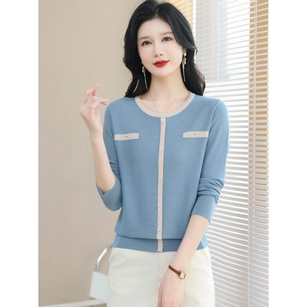 圆领薄款针织衫女款2025新款小香风毛衣宽松外穿莱赛尔冰丝打底衫