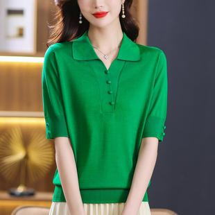 高端品牌夏装桑蚕丝针织短袖t恤女薄款上衣polo领妈妈天丝打底衫