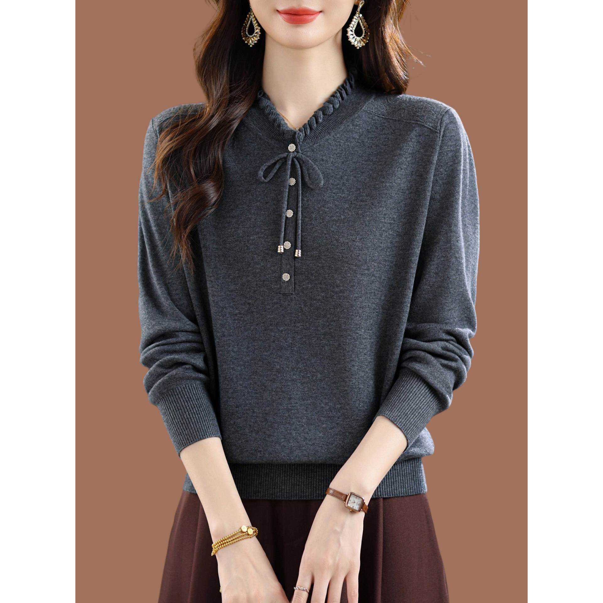 木耳边桑蚕丝长袖T恤女2025新款秋季中年妈妈洋气上衣针织打底衫