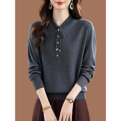 木耳边桑蚕丝长袖T恤女2025新款秋季中年妈妈洋气上衣针织打底衫