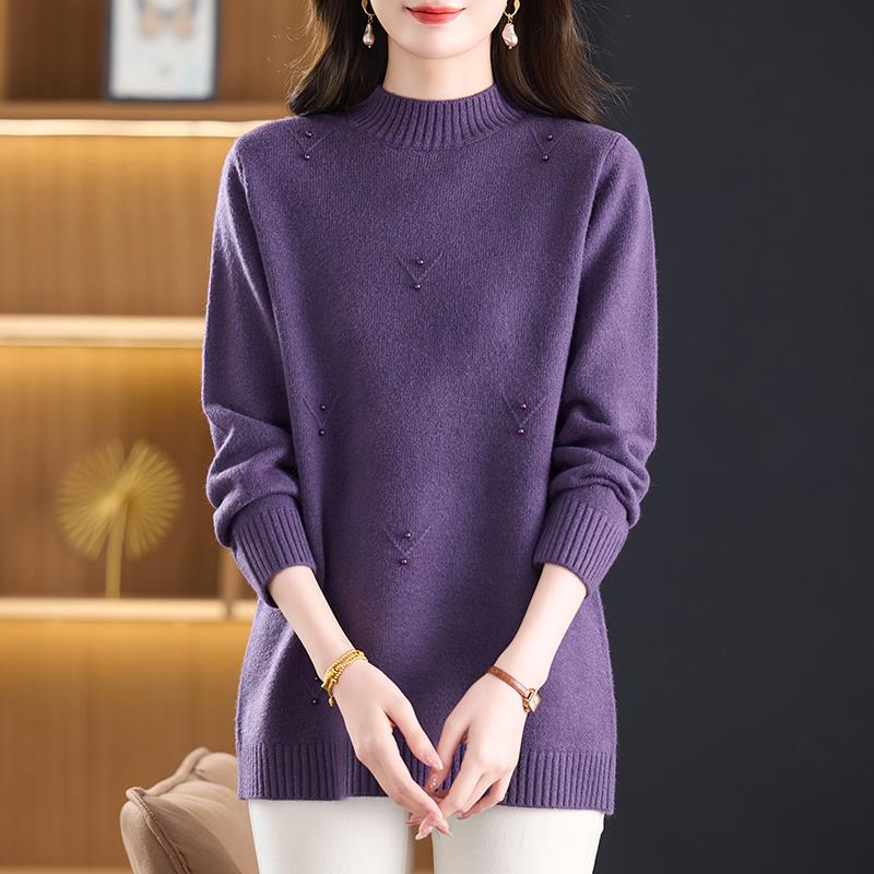 中年妈妈半高领羊毛衫秋冬毛衣中长款宽松加大码洋气针织打底衫厚