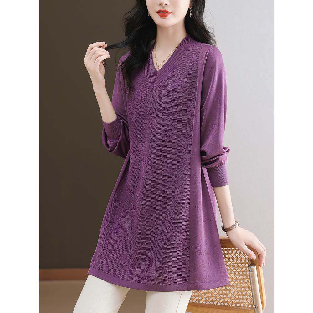 中年胖妈妈春天瘦v领中长上衣加码妇女宽松苗条Look冰丝绸针织品