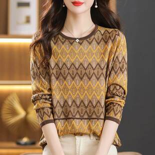 拼色针织打底衫 秋季 t恤女上衣中年妈妈宽松大码 桑蚕丝长袖 薄 新款