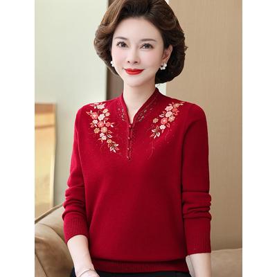 妈妈羊毛衫女高档中国风绣花打底衫红色中老年秋冬纯羊绒毛衣大码