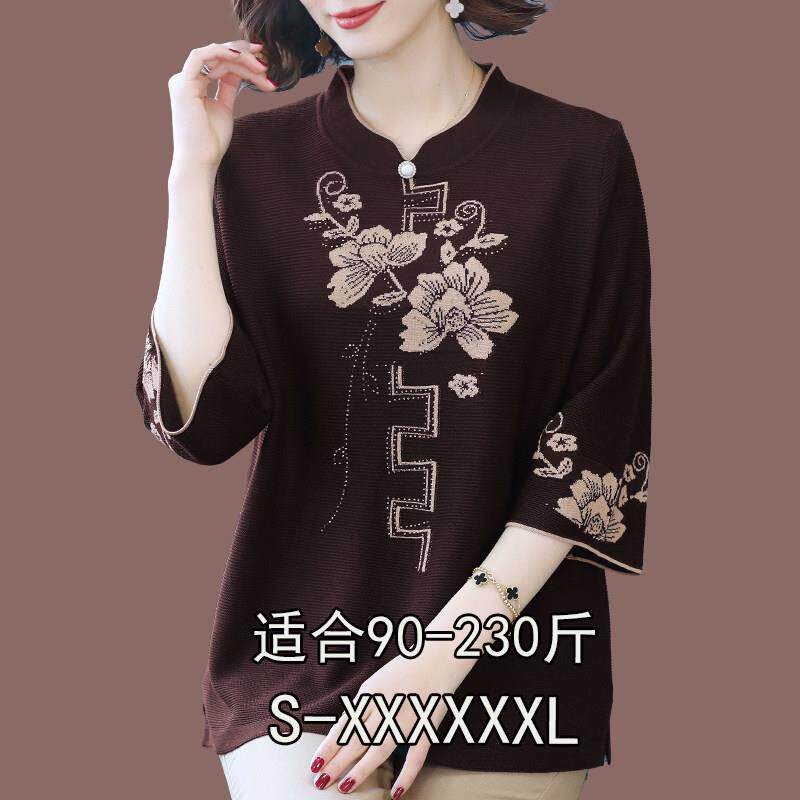 加肥加大码桑蚕丝t恤女七分袖小衫早春冰丝针织遮肚子上衣妈妈装