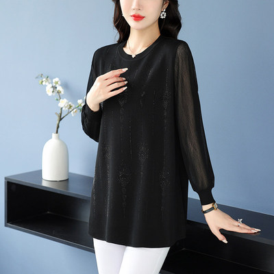 中年妈妈加肥加大码冰丝t恤女中长款春夏装桑蚕丝针织衫遮肚上衣