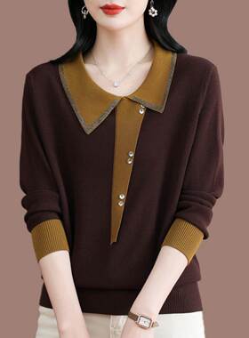 翻领长袖T恤上衣女春秋2025新款洋气妈妈装高端桑蚕丝针织打底衫