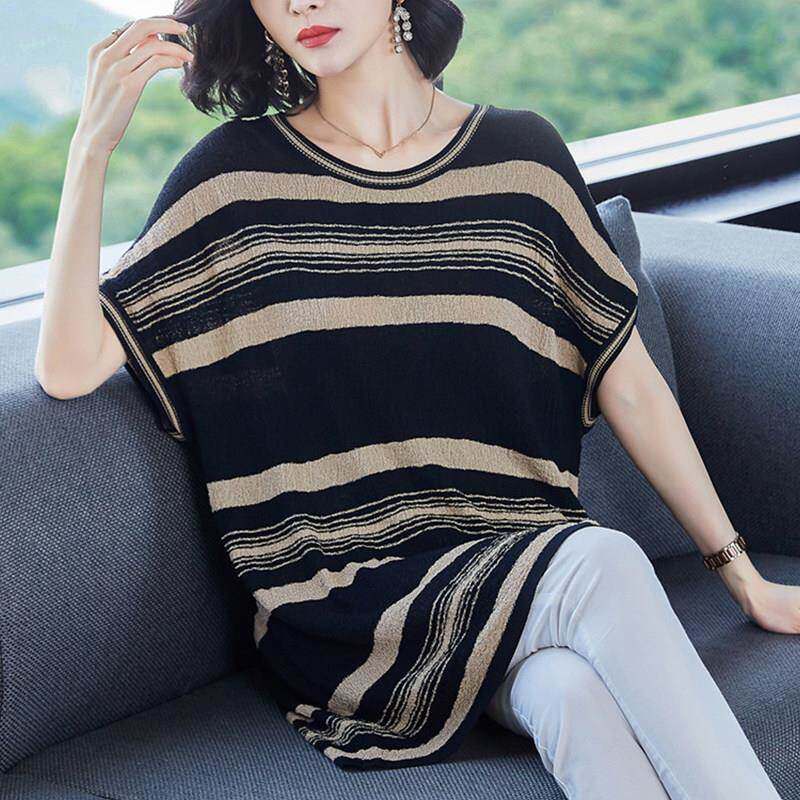 大尺码夏装短袖T恤女宽松中长版冰丝针织衫胖mm200斤显瘦条纹上衣