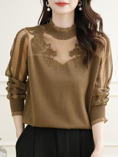 女秋装 网纱打底衫 新款 蕾丝针织上衣薄款 木耳边妈妈毛衣时尚 羊毛衫