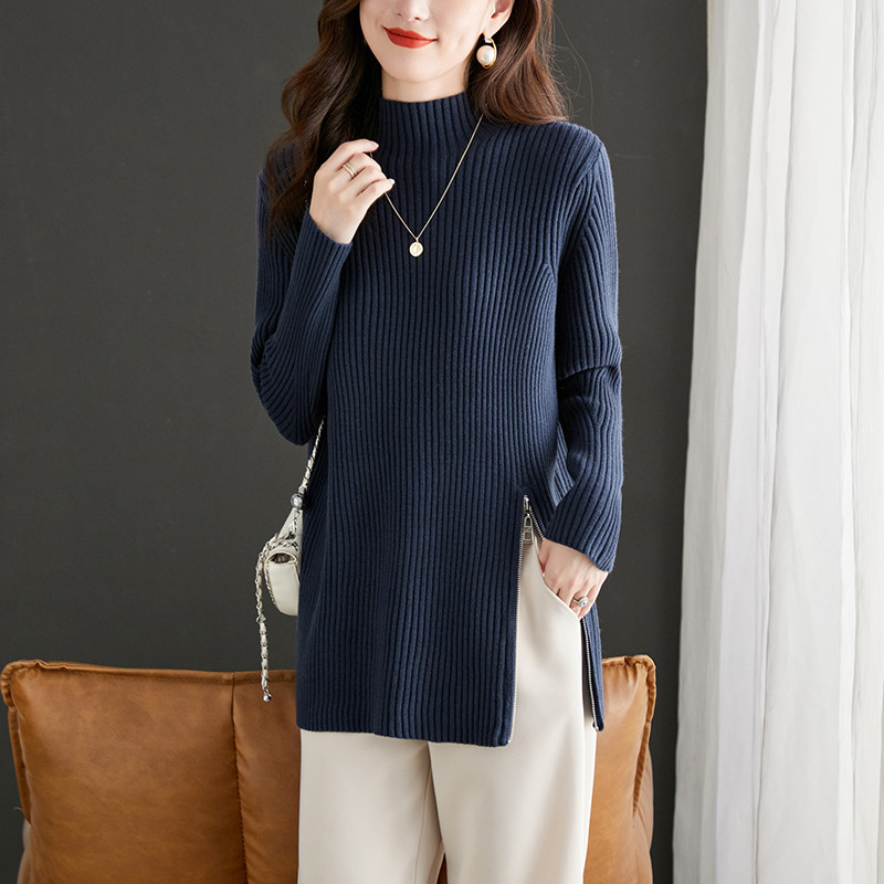 打底衫女秋冬内搭可外穿针织衫半高领侧开叉上衣中长款遮屁股毛衣