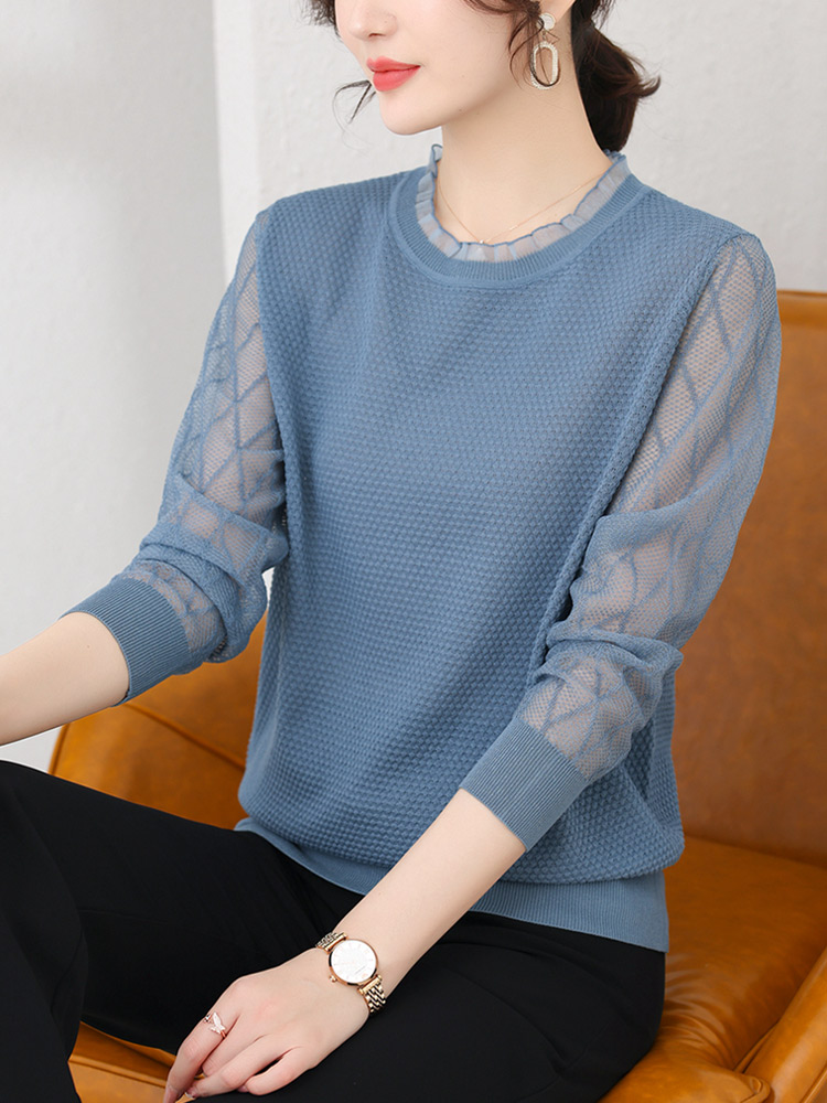 长袖t恤女士春秋薄款冰丝上衣秋季2023年新款洋气蕾丝针织打底衫